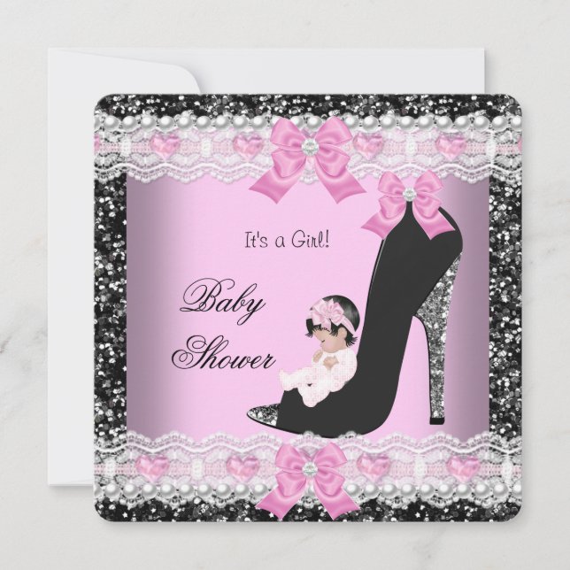Baby Shower Baby Girl Pink Lace Heart Shoe Invitation (Front)