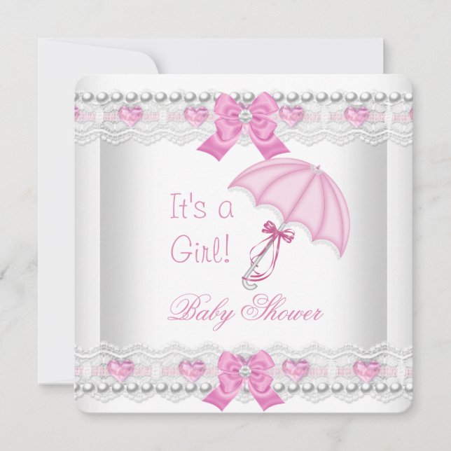 Baby Shower Baby Girl Pink White Lace Umbrella Invitation (Front)