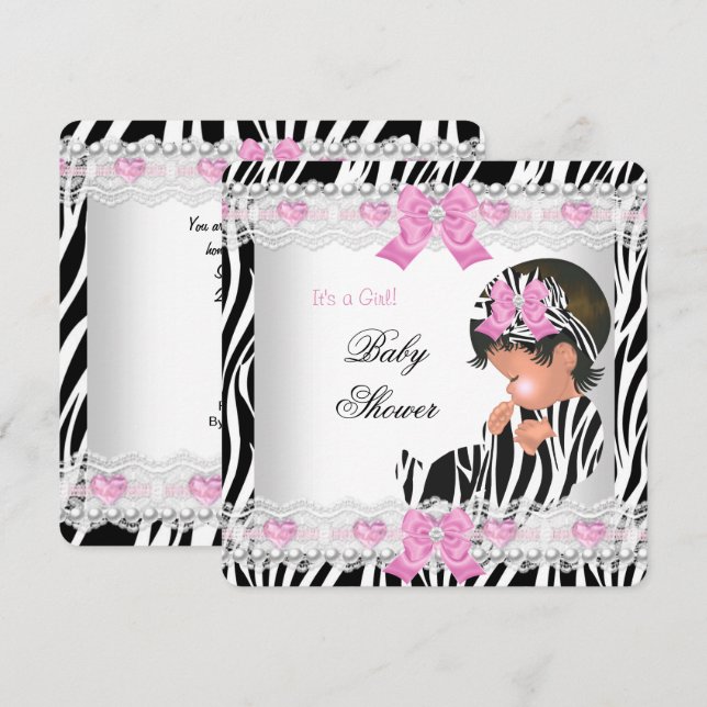Baby Shower Baby Girl Pink Zebra Heart Invitation (Front/Back)