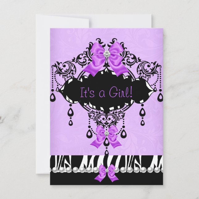 Baby Shower Baby Girl Purple Pink Zebra Bow Invitation (Front)