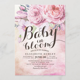 Baby Shower Baby in Bloom Bohemian Flowers Feather Invitation