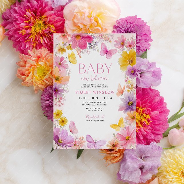 Baby Shower Baby in Bloom Butterfly Pink Purple  Invitation (Bright Floral Baby In Bloom Baby Shower Invitation in purple, pink, yellow and peach. )