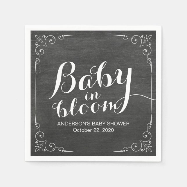 Baby Shower Baby in Bloom Floral Frame Chalkboard Napkin (Front)