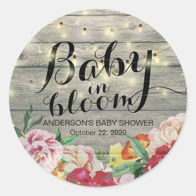 Baby Shower Baby in Bloom Flower String Light Wood Classic Round Sticker (Front)