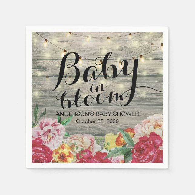 Baby Shower Baby in Bloom Flower String Light Wood Napkin (Front)