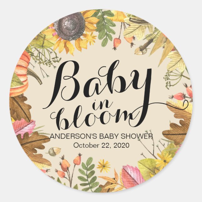 Baby Shower Baby in Bloom Maple Pumpkins Sunflower Classic Round Sticker (Front)