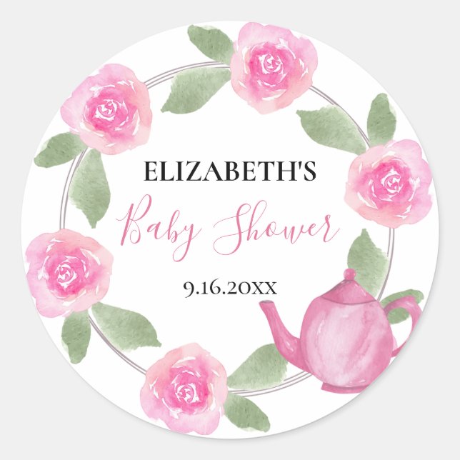 Baby Shower Baby is Brewing Pink Teapot Floral Classic Round Sticker (Front)