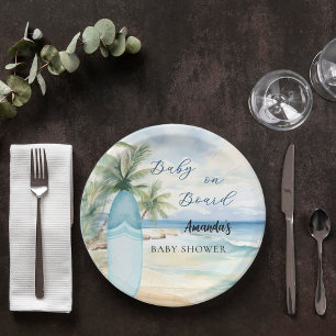 Baby shower baby on board surfboard paper plate