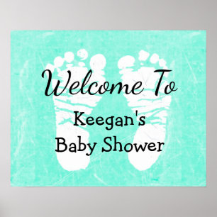 Baby Shower Banner Poster Teal Foot Prints