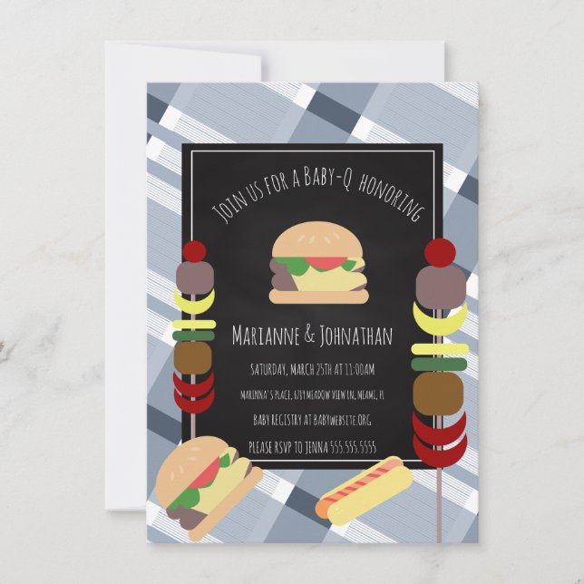 Baby Shower BBQ Backyard Food Plaid Blue Invitation (Front)