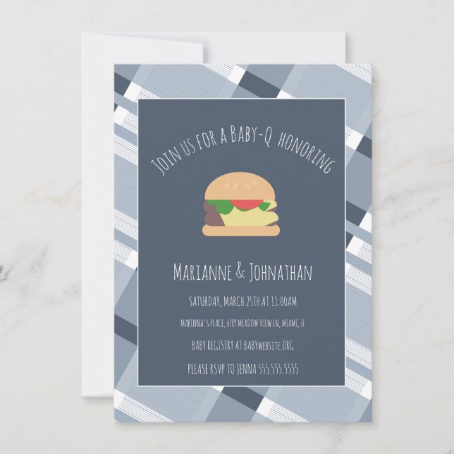 Baby Shower BBQ Backyard Plaid Blue Invitation (Front)