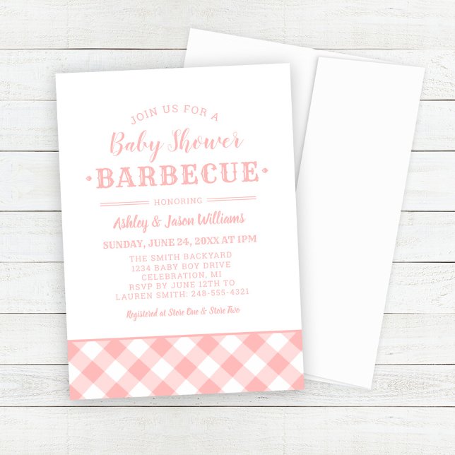Baby Shower BBQ Blush Pink Gingham Plaid Invitation (Creator Uploaded)