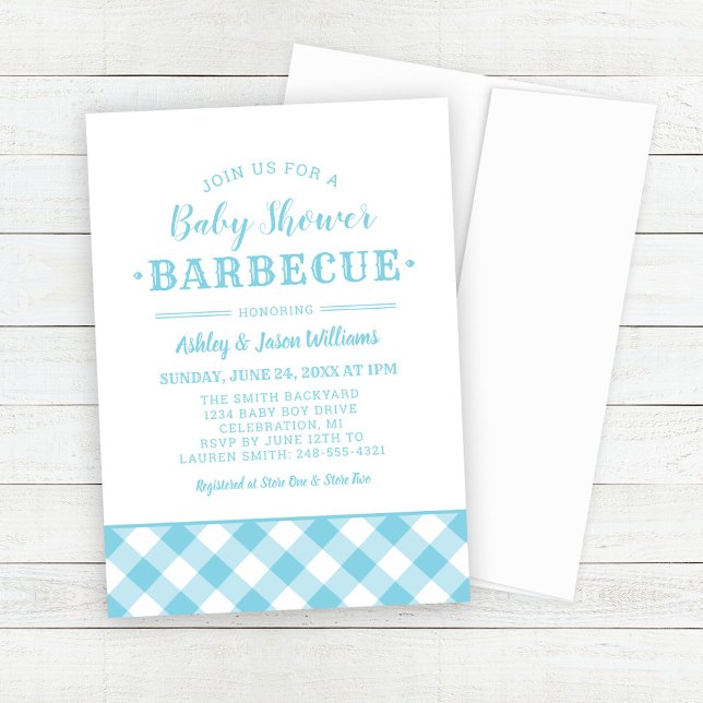 Baby Shower BBQ Light Blue Gingham Plaid Invitation (Creator Uploaded)