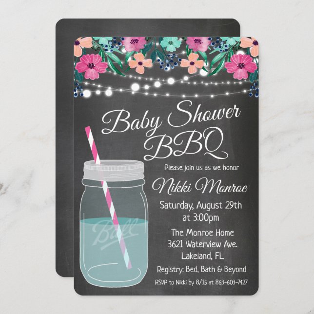 Baby Shower BBQ Mason Jar Invitation (Front/Back)