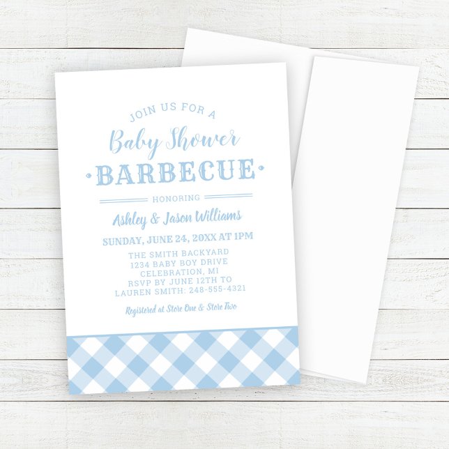 Baby Shower BBQ Pale Blue Gingham Plaid Invitation (Creator Uploaded)