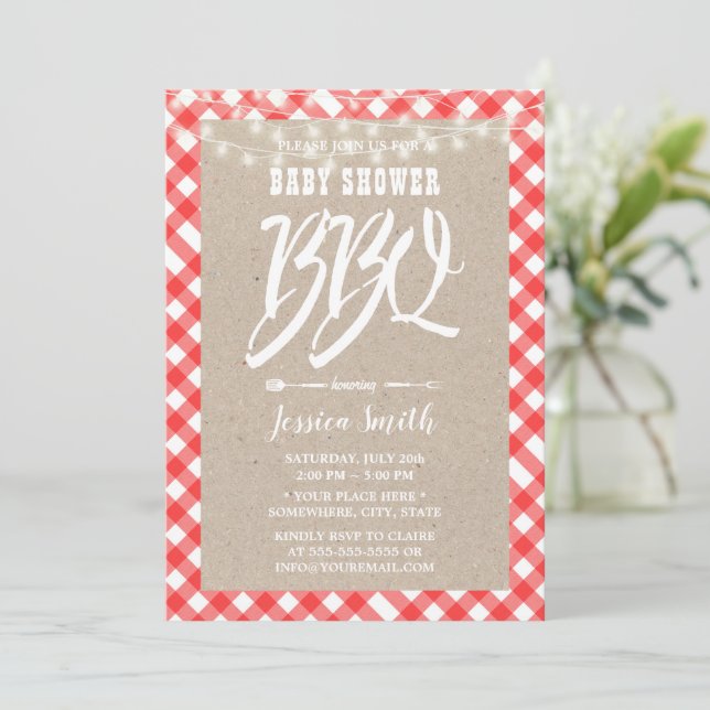 Baby Shower BBQ Red Plaid Rustic Kraft  Invitation (Standing Front)
