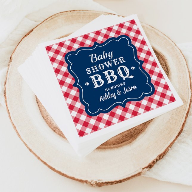 Baby Shower BBQ Red White Navy Blue Gingham Plaid Napkin (Creator Uploaded)