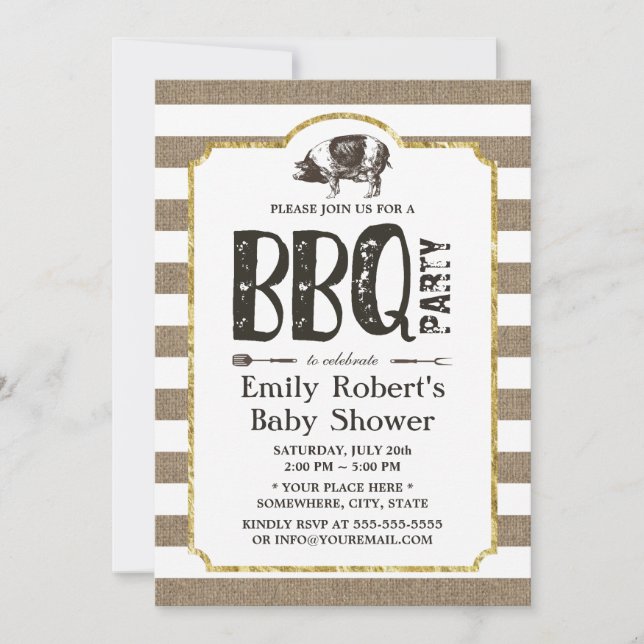 Baby Shower BBQ Rustic Burlap Stripes Invitation (Front)