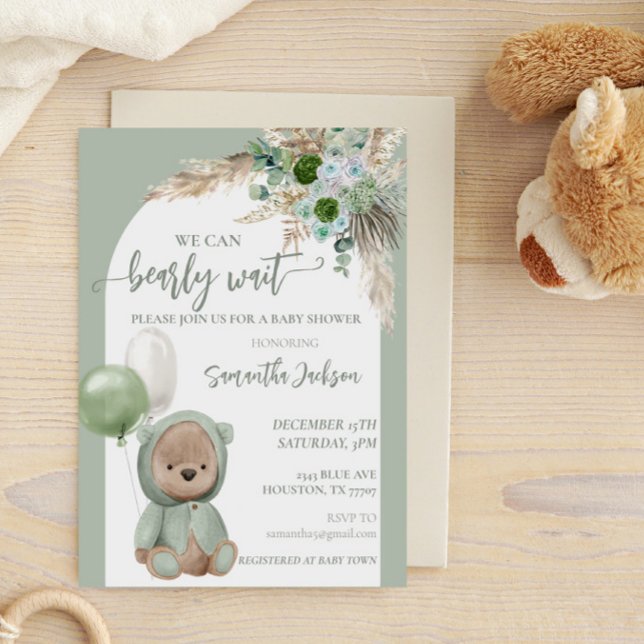 Baby Shower Bearly Wait Green Boho Bear    Invitation (Creator Uploaded)