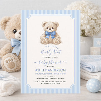 Baby Shower Bearly Wait Teddy Bear & Blue Stripes Invitation