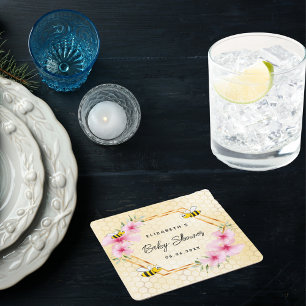 Baby Shower bees honeycomb pink flowers Square Paper Coaster