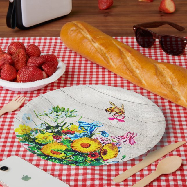 Baby Shower Bees Rustic Floral Pacifier Paper Plate (Picnic)