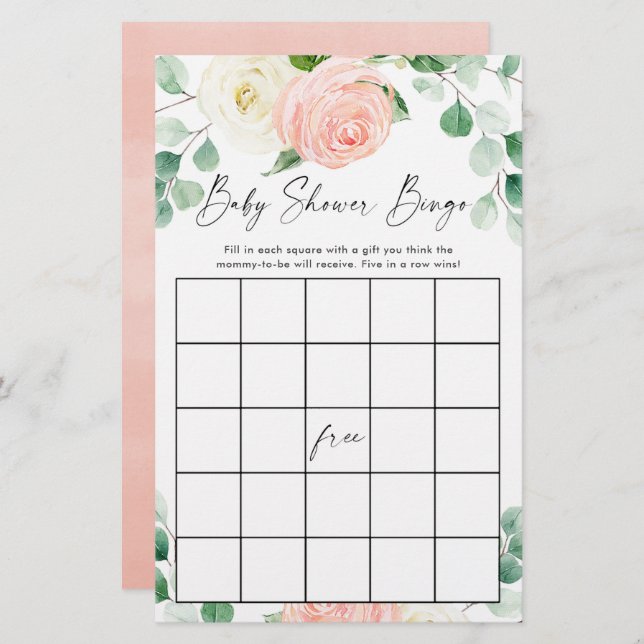 Baby shower bingo blush pink white greenery (Front/Back)