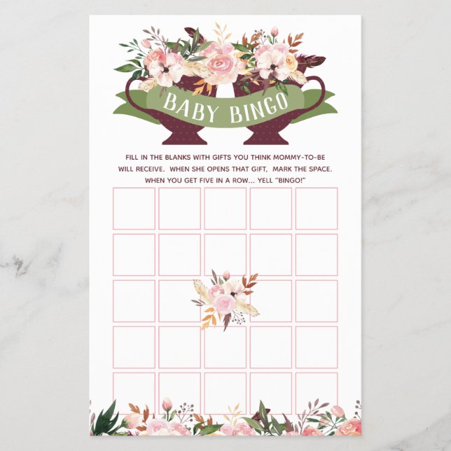 Baby Shower Bingo, Boho Tea Party with Flowers Flyer (Front)