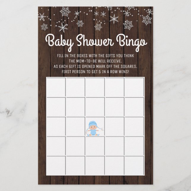 Baby Shower Bingo Boy Rustic Snowflake Bingo Cards (Front)
