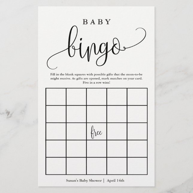 Baby Shower Bingo Calligraphy Paper Game Card (Front)