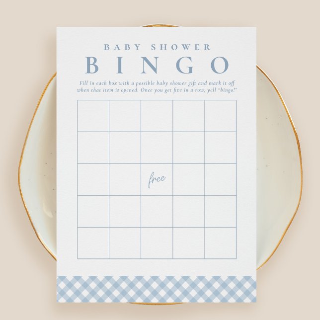 Baby shower bingo cute blue gingham party card (Creator Uploaded)
