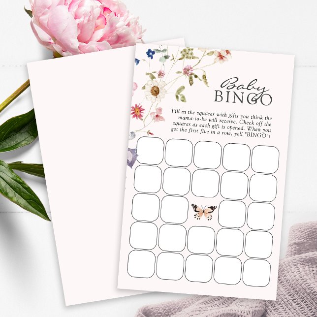 Baby Shower Bingo Game (Pink Wildflower Tea Party Baby Shower Bingo Game Card Butterfly by Painted Paperie
)