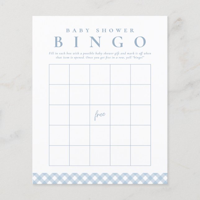 Baby shower bingo game in cute blue gingham (Front)
