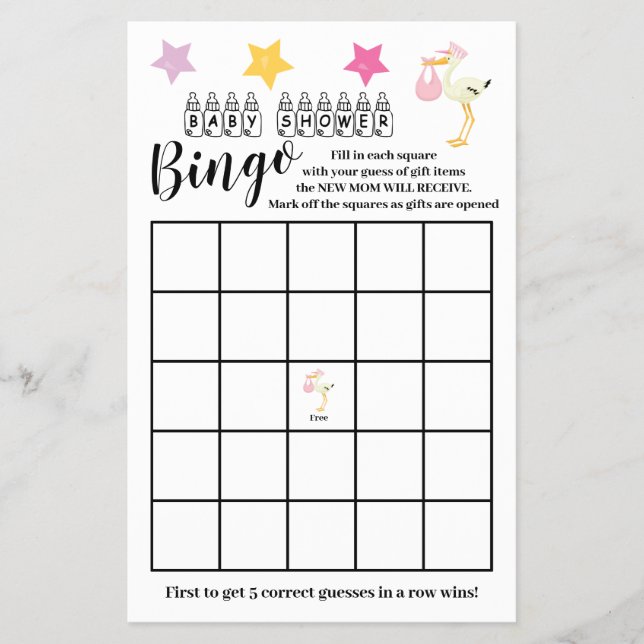 Baby Shower  Bingo Pink Stork Girl Game Card  (Front)