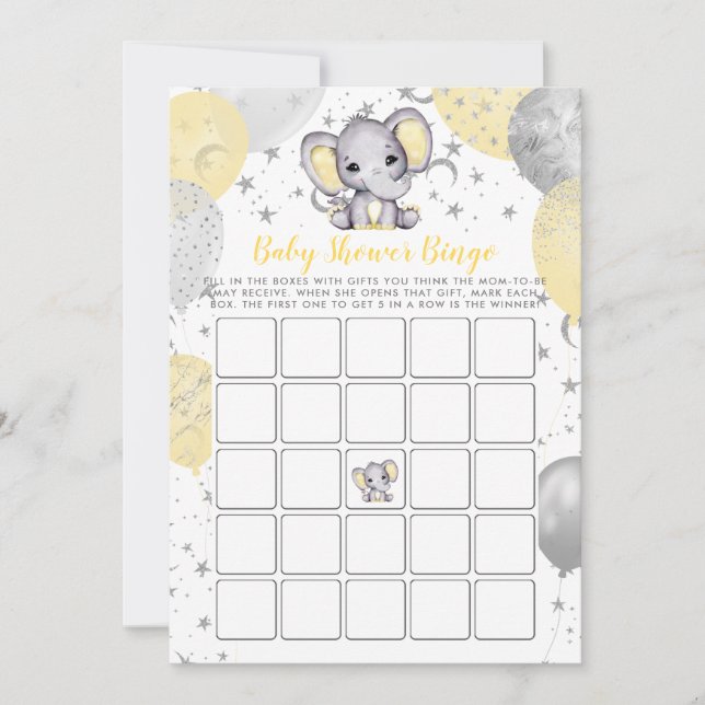 Baby Shower Bingo Yellow Elephant Game Invitation (Front)
