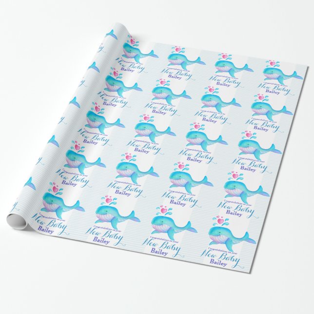 Baby shower / birth new baby whale art name wrap wrapping paper (Unrolled)
