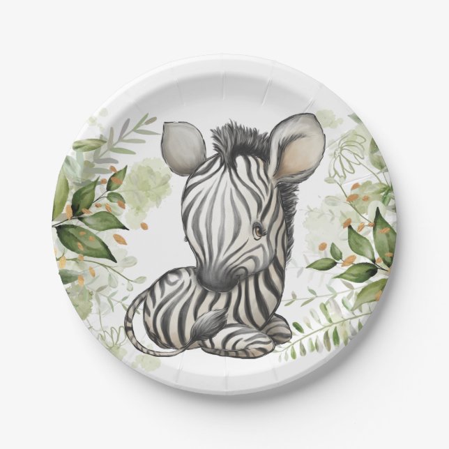 Baby Shower Birthday Cute Zebra Eucalipt Paper Plate (Front)
