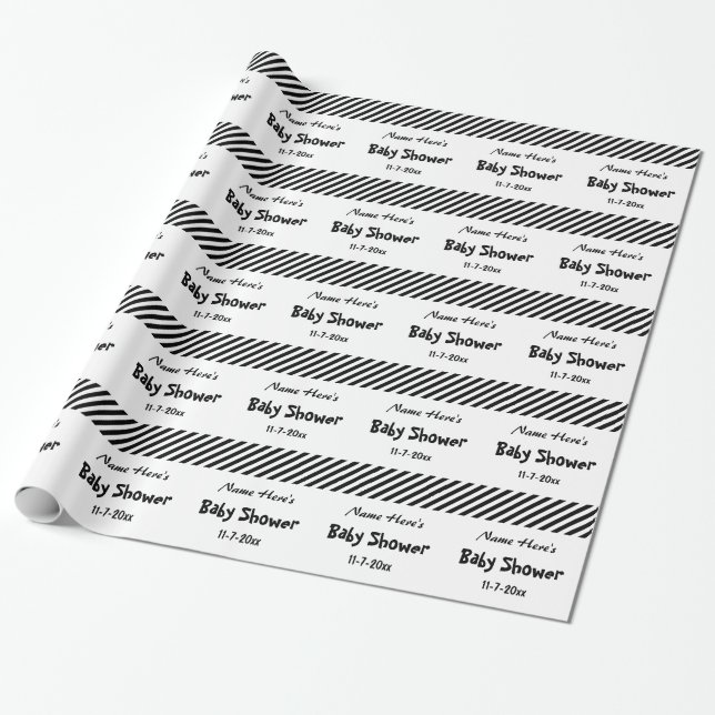 Baby Shower, Black and White Stripes. Wrapping Paper (Unrolled)