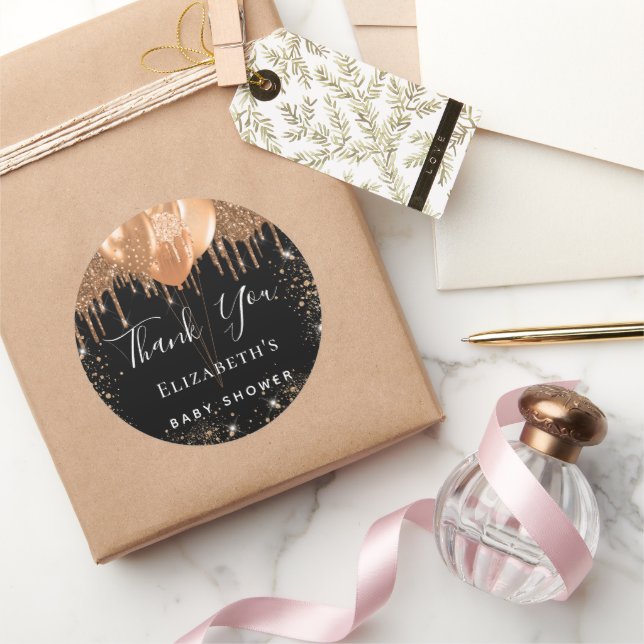 Baby Shower black gold glitter name thank you Classic Round Sticker (Gifting)