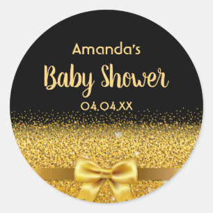 Baby Shower black gold name Classic Round Sticker