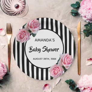 Baby Shower black white stripes pink roses Paper Plate