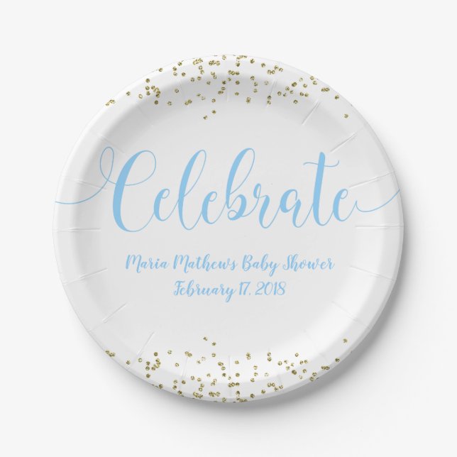 Baby Shower Blue Baby Boy Celebrate Gold Confetti Paper Plate (Front)