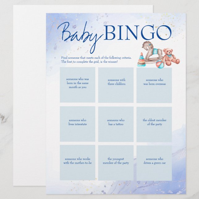 Baby shower blue bingo game personalised template custom letterhead (Front/Back)