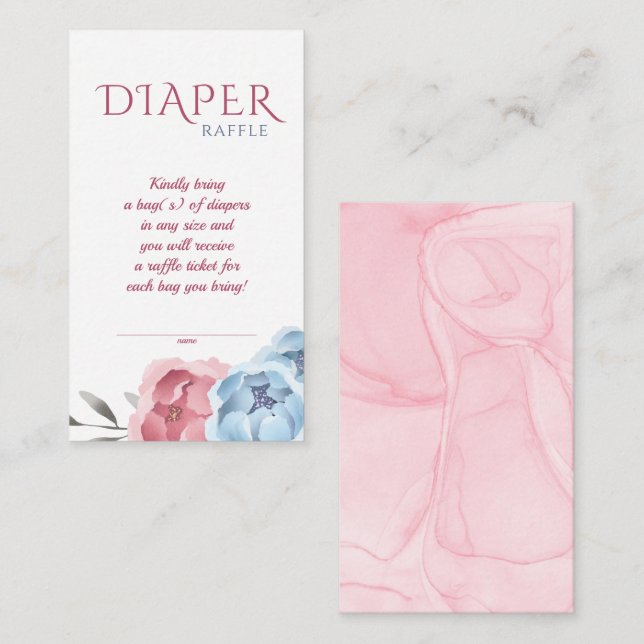 Baby Shower Blue Blush Pink Flower Diaper Raffle Enclosure Card (Front/Back)