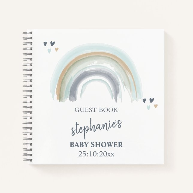  Baby Shower Blue Boho Rainbow Guest Book (Front)