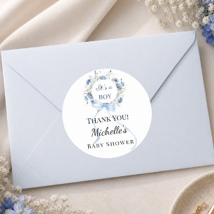 Baby Shower blue boy florals wreath thank you Classic Round Sticker