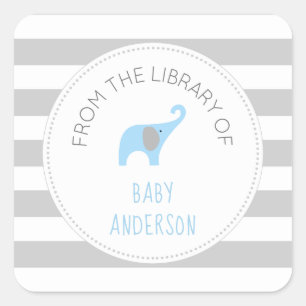 Baby Shower blue elephant BOOK,  boy bookplate Square Sticker
