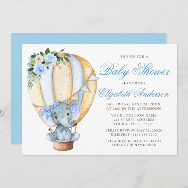 Baby Shower Blue Floral Balloon Elephant Bow Invitation (Front/Back)