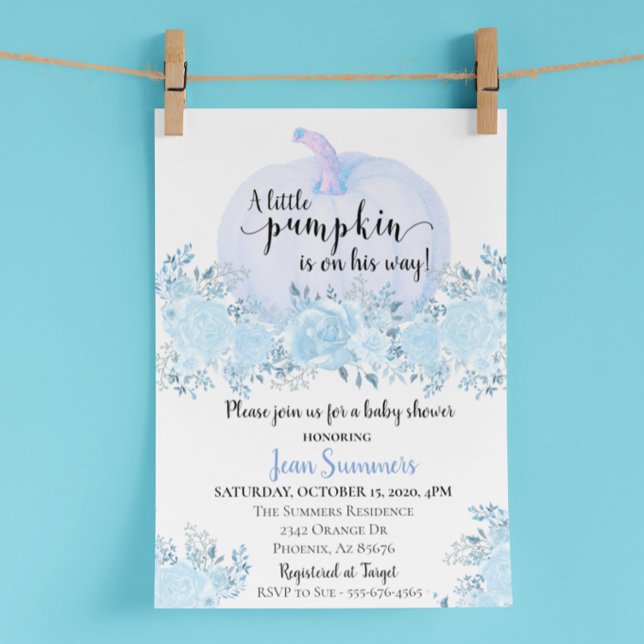 Baby Shower Blue Floral Boy Pumpkin Fall Autumn Invitation (Creator Uploaded)