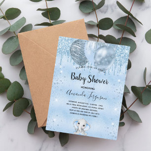 Baby Shower blue glitter elephant boy balloons Invitation Postcard